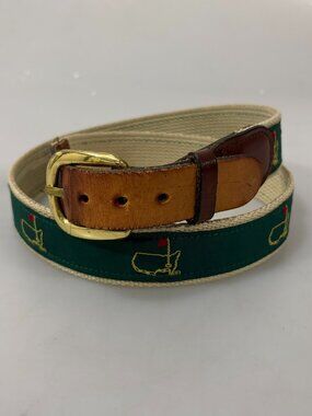 Augusta Masters Golf Tournament Ribbon Belt M Green Canvas Brown Leather Vintage